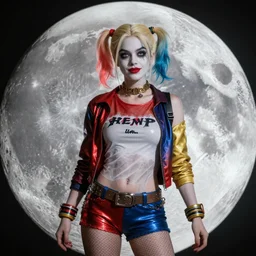 cosplay Harley Quinn on the moon, unreal engine, octane render, 8k, full body, high detail of the face