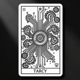 a beautiful black and white fractal tarot card featuring bold occult imagery with clean lines. circuit board. detailed adult coloring book