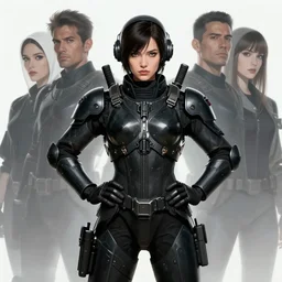 a portrait of a female mech pilot , wearing black armor , standing hands on hips , stoic , proud , Stanley Artgerm Lau ,Boris Vallego , Julie Bell , digital art, artstation, rule of thirds