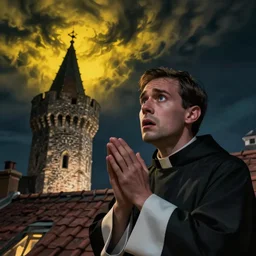 Close-up of a terrified catholic priest in his thirties on the roof of a medieval tower watching in fear as an ominous yellow shadow descends upon him from the night sky. He is fervently praying but his eyes are wide open with fear. Low angle, dramatic lighting. Award-winning digital art, trending on ArtStation