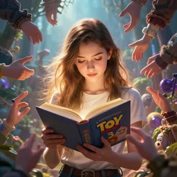 highly detailed portrait of beautiful girl reading a book in toy story 3, hidden hands, dynamic pose, stephen bliss, unreal engine, fantasy art by greg rutkowski, loish, rhads, ferdinand knab, makoto shinkai and lois van baarle, ilya kuvshinov, rossdraws, tom bagshaw, global illumination, radiant light, detailed and intricate environment
