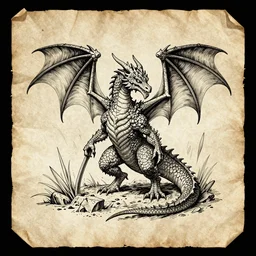 ink illustration of a dragon, monster manual style, dungeons and dragons guidebook, tan parchment paper