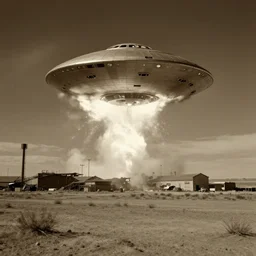 vintage photo of ufo crash in roswell desert on factory, sepia, haze, explosion, night, 4 k, fractal