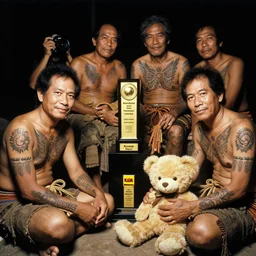 ultra realistic photo of thai archaeologists with tattoos over the years, with their teddy bear. 8 0 s. lighting dim. kodak etkar 1 0 0. awards winner photographers.