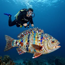 a scuba diver discovering a prehistoric fish made of shining gems, rich vivid colors, by norman rockwell