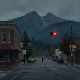 IMPASTO!!! painterly, ((messy)), ominous! landscape of north bend, washington main street, dark, lonely!! stop light glowing, twin peaks, 'lone dark figure'!!