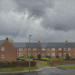 oil landscape painting of a British housing estate, ambient light, grey skies and rain, high detail