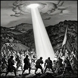 battle in the epic valley, shaft of light, high contrast, gustave dore