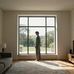 person in pyjamas standing near window, turned back to camera, cinematographic, sun rays, daylight, big french door window with walls to the sides, windowsill, big spacious room, carpet at the floor, furnished room, anamorphic shot lens, window at the center, wooden floor, modern, photorealistic, high ceiling