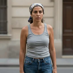 a rough woman, wearing a headscarf, a tank top, and jeans, by donato giancola.