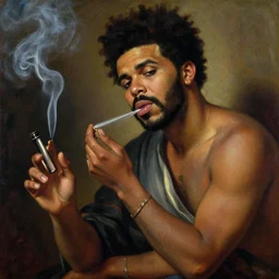 drake with the weeknd smoking by botticelli, brown skin, classical painting, digital painting, romantic, vivid color, oil painting