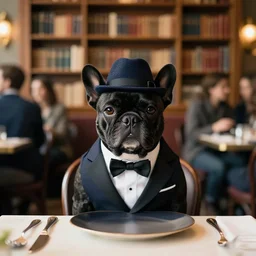 a portrait picture of a black french bulldog wearing a dinner jacket and a hat, sitting at a table at a crowded cafe with a bookcase in the background cinematic symmetric