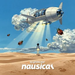 anime movie screenshot, by ( ( ( ( ( ( ( yoshitaka amano ) ) ) ) ) ) ), by ghibli!!! nausicaa!!!!!, desert!!!!!!!!!!!, sand, scenic, miyazaki, vibrant, dof, motion, airship, flying beetles