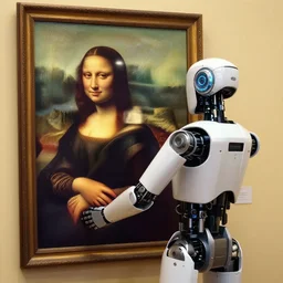 live footage of a robot stealing a painting. photograph of a robot cyborg stealing a painting. robot carrying a painting in its arms. might be the mona painting. live news footage