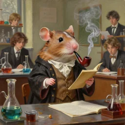 oil painting of a cute pet rat dressed as an english professor smoking a pipe, giving a lecture in a university chemistry lab, digital art, artstation, fantasy, cinematic, fine details by realistic shaded lighting poster by ilya kuvshinov katsuhiro otomo, magali villeneuve, artgerm, jeremy lipkin and michael garmash and rob rey
