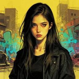 highly detailed portrait of a moody dystopian young adult lady by atey ghailan, by greg rutkowski, by greg, tocchini, by james gilleard, by joe fenton, by kaethe butcher, gradient yellow, black, brown and cyan color scheme, grunge aesthetic!!! ( ( graffiti tag city background ) )