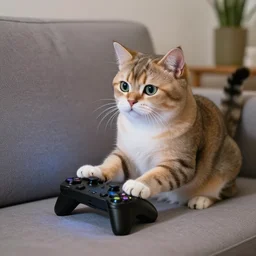 a cute cat playing video games while sitting on a couch