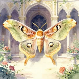 faerie hawkmoth in the palace courtyard. this watercolor painting by the award - winning mangaka has a beautiful composition, great sense of depth and intricate details.