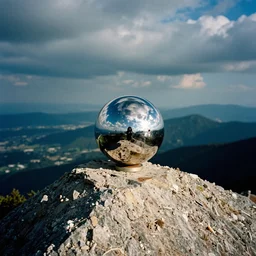3 5 mm photo of a chrome blob on a mountaintop summit, photography grainy exposed film