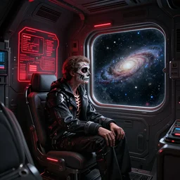human, sitting sad in a dark spaceship interior with red led lights, red holographic control panel on wall, gazing at view of galaxy in space through a window, environment, photorealistic!, octane render, mechanical, concept art, cinematic lighting, digital art, interstellar, hyper realism, sharp, cyberpunk, 8 k, de dia los muertos. by angus mckie, moebius, maciej kuciara