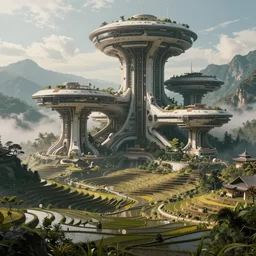 an intricate concept art of sci - fi megastructures in rice terraces in the mountains, artstation, photorealistic movie still, sci - fi, hyper realistic, concept art, art by dylan cole, feng zhu, artgerm, greg rutkowski, cinematic lighting, octane render