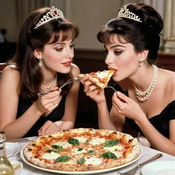 a highly detailed photo of two young beautiful women sitting at a long take sharing a pizza margherita, queen margherita of savoy, sophia loren, tiara, pearl necklace, right angled view, smooth lighting, masterpiece, timeless, genious composition