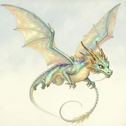 illustration of a beautiful iridescent flying dragon with expressive eyes and long tail, by mucha rackham gustavedore