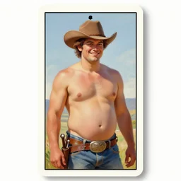 an ethereal tarot card painting of a shirtless cowboy with a stocky build and belly | smirking face | background is a serene campfire | tin cans and jugs of whisky | tarot card, art deco, art nouveau | by Mark Maggiori | trending on artstation