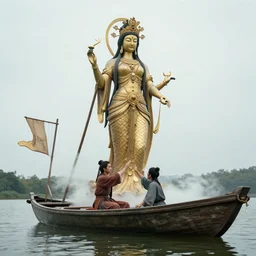 giant ancient fish goddess blessing a young man in a boat