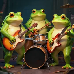 3 fat obese frogs playing in a band, high-definition photograph