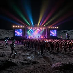 Alexander Jansson style View of the scenario of an outdoor rock concert in a lunar landscape, darkness, night lighting, colored spotlights, psychdelic lights, a gloom, much public to the stage looking at the concert, the public is formed by aliens and robots, , realistic, many details, ultra detailed, render, render Vray, octane render, rendering, unreal Engine5, HDRI, bokeh, 90mm, f/1.4