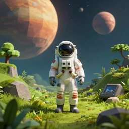 A explorer astronaut on a lush alien planet, large planets in the background, low poly, stylized, unreal engine cinematic lighting, amazing graphics RTX on