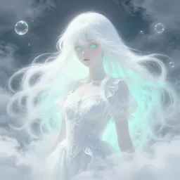 portrait of magical ghost girl, ethereal , cloudy, transparaît, gradient white cyan, dreamy and ethereal, (colour) eyes, peaceful expression, ornate frilly dress, fantasy, intricate, elegant, rainbow bubbles, highly detailed, digital painting, artstation, concept art, smooth, sharp focus, illustration, art by artgerm and greg rutkowski and alphonse mucha