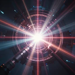 view toward the core of a laser inertial fusion reactor, ( ( ( lasers ) ) ) concentrate their energy at the center, scifi, futuristic, raytracing, dreamy, sharp focus, cinematic lighting, highly detailed, artstation, divine, by gauthier leblanc, kazuya takahashi, huifeng huang