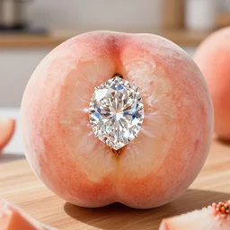 low angle close up of a a beautiful large ( peach color ) diamond in a ( delicious ripe juicy ) peach. the peach contains a diamond. the peach is on a cutting board in a kitchen. bright 6 5 0 0 k product lighting, refraction, 8 k, 4 k, high quality