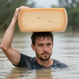 closeup portrait of a man carrying a wheel of cheese over his head in a flood in Adelaide in South Australia, photograph, natural light, sharp, detailed face, magazine, press, photo, Steve McCurry, David Lazar, Canon, Nikon, focus