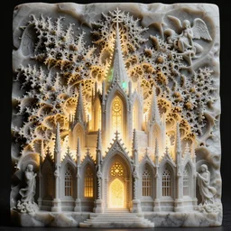 a beautiful stone carving of an intricate mandelbrot fractal cathedral populated by fractals by android jones, carved soap, unreal engine, volumetric lighting, dynamic lighting, bright, dramatic lighting, high contrast, neon glow, carved marble, opalescent, sacred geometry, religious, angelic, catholicpunk, stark, trending on artstation