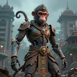 high quality 3 d render mischievous cyborg man monkey hybrid madhubani, highly detailed, cyberpunk!! mumbai in the background, unreal engine cinematic smooth, szukalski ravi varma, moody light, low angle, uhd 8 k, sharp focus