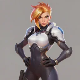 painting digital artwork of tracer overwatch, confident pose, 4 k, makeup, by mark arian and greg rutkowski, wearing sleek armor, expressive detailed face and eyes,