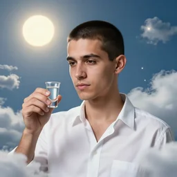 portrait of a ( ( ( una tequila shot ) ) ), ( ( bellaco guapo joven cubano pelo buzzed camisa blanca ) ), nubes y magia, el sol, concept character, by greg rutowski and mucha and bierstadt and remington, trending on artstation
