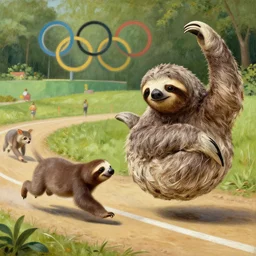a sloth in a 1 0 0 meter race, racing against other animals, at the olympics, as a classic painting