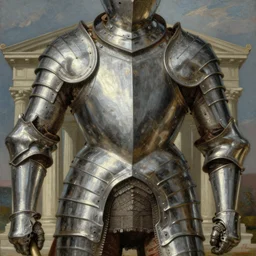 rugged juno temple wearing full plate armour oil painting by titian hard focus