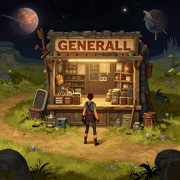 in front of a [ [ [ [ general store ] ] ] ] in a remote outpost, on an alien planet, from a space themed point and click 2 d graphic adventure game, set design slightly inspired by tomb raider, art inspired by thomas kinkade and mark keathley