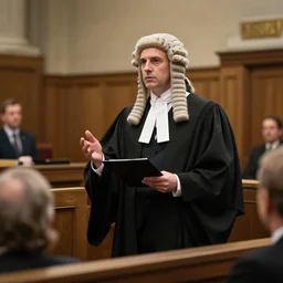 photo of an english barrister wearing a wig and robe addressing a jury in a crown court
