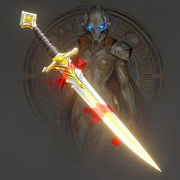 a character design by artgerm, greg rutkowski and alphonse mucha. sci - fi dagger. laser white and yellow tape and red translucent plastic tape project show attctive showgirl!! sci - fi helmet electric blue eyes!! sharp edges. contour light effect!! ultra detailed, elegant, intricate, octane render.