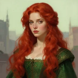 long fancy red hair aristocrat, portrait, gentle, solemn face, cloth, female, city background, d & d, fantasy, intricate, elegant, digital painting, red green color palette, artstation, octane render, concept art, matte, sharp focus, illustration, herrarthstone, art by artgerm and greg rutkowski and alphonse mucha