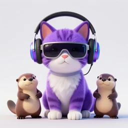 A purple and white tabby kitten wearing futuristic headphones and cyberpunk shades with 2 otters in Fortnite, stylized, game assets, 4K, clean