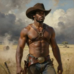 a beautiful dramatic epic painting of a thick shirtless black man | he is wearing a leather harness and cowboy hat | prairie setting, dust clouds | homoerotic, highly detailed, dramatic lighting | by Mark Maggiori, by William Herbert Dunton, by Charles Marion Russell | trending on artstation