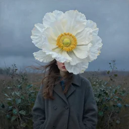 portrait of giant flower head, a girl with coat between bushes, surreal photography, wind and cold, dramatic sky, impressionist painting, digital painting, artstation, simon stalenhag