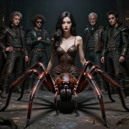 A fancy portrait of a spider creature with to upper body of a beautiful women and a lower body of a giant spider by Greg Rutkowski, beeple, Sung Choi, Mitchell Mohrhauser, Maciej Kuciara, Johnson Ting, Maxim Verehin, Peter Konig, Bloodborne, 8k photorealistic, cinematic lighting, HD, high details, dramatic, dark atmosphere, trending on artstation